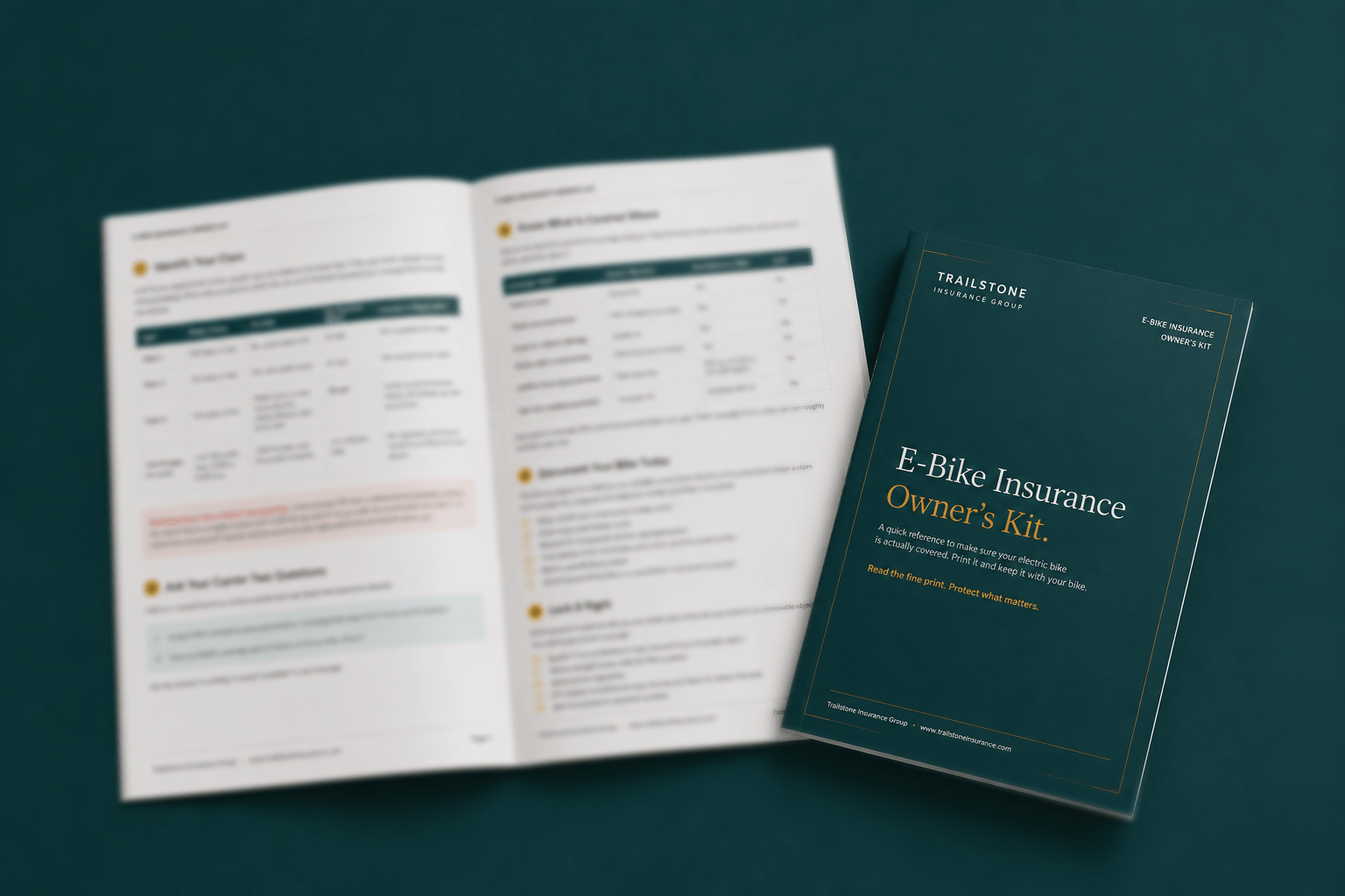 Mockup of an 'E-Bike Insurance Owner's Kit' booklet by Trailstone Insurance Group, dark teal cover with gold text, shown standing on top of its own open interior pages on a teal background.